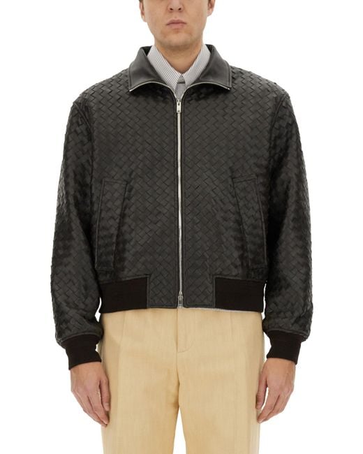 Bottega Veneta Black Intrecciato Stand-Collar Regular-Fit Leather Jacket for men