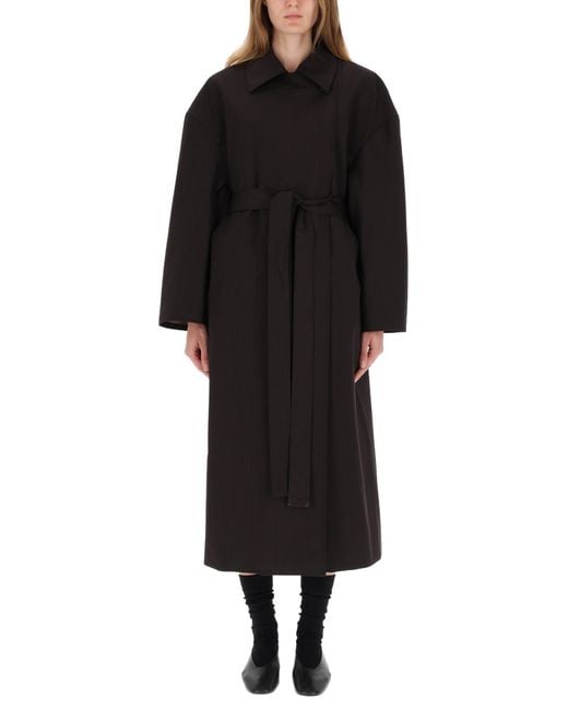 Our Legacy Black Long Oversized Coat With Wide Collar And Matching Belt