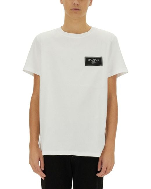 Balmain White T-Shirt With Logo Patch for men
