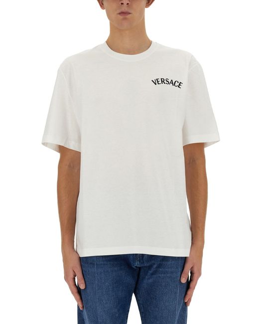 Versace White Luxury Cotton T-Shirt With Logo Embroidered for men