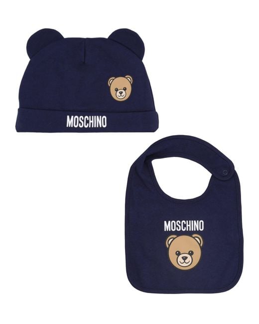 Moschino Blue Set Berretto E Bavaglino Con Logo