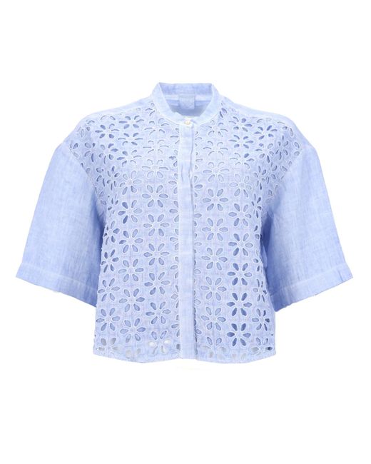 120% Lino Blue Camicia Con Ricami