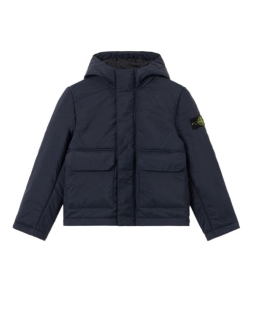Stone Island Blue Hooded Padded Jacket With Hook-And-Loop Pockets Recycled Nylon Canvas