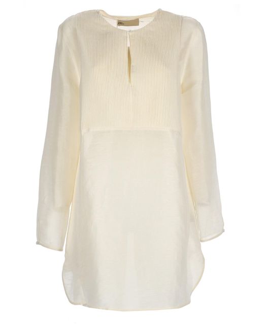 Tory Burch White Pleated Bib Long Sleeve Tunic Blouse