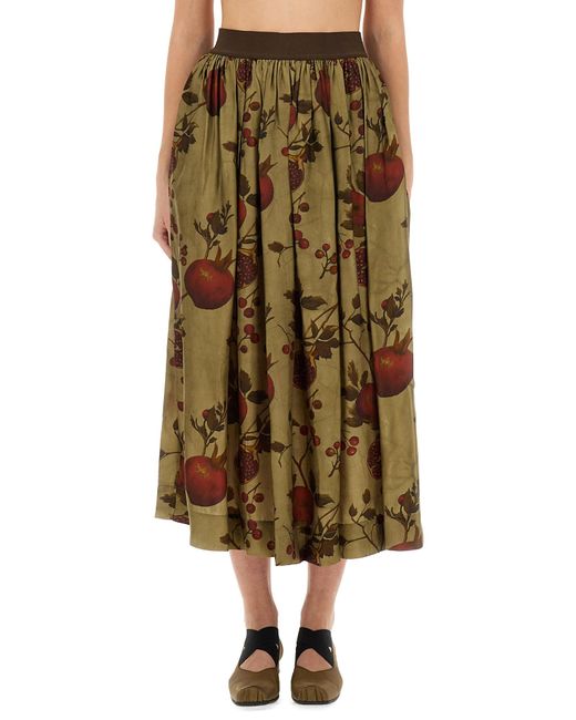 Uma Wang Natural "Gilliant" Midi Skirt With Pomegranate Print