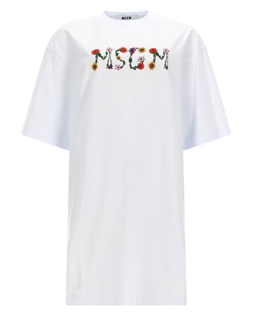 MSGM White Abito T Shirt Con Logo