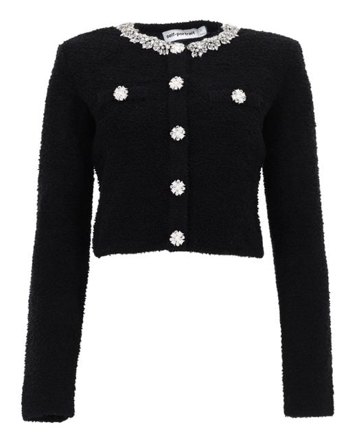Self-Portrait Black Cropped Crystal-Embellished Cotton-Blend Bouclé Cardigan