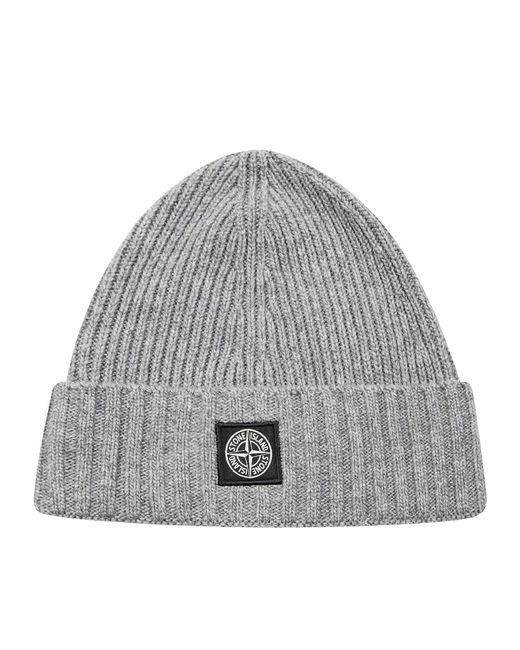 Stone Island Gray Beanie With Compass Patch Ribbed Wool Cashmere