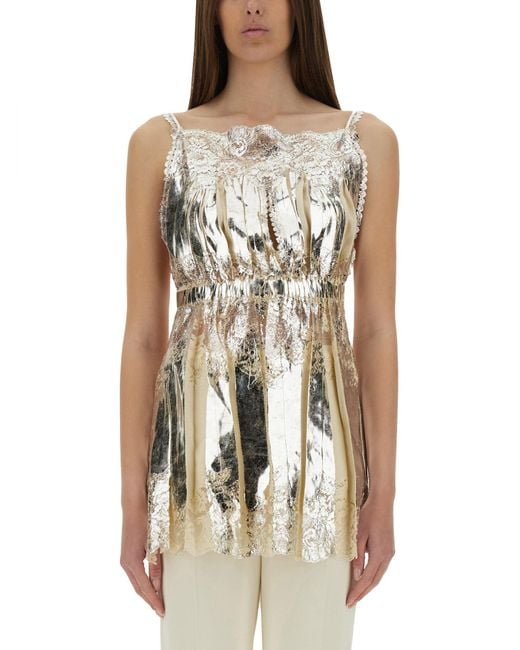 Rabanne Natural Laminated Pleated Satin Top