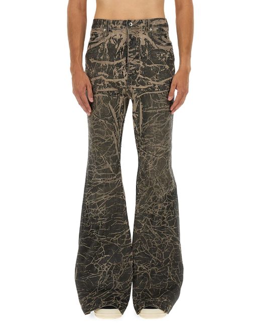 Rick Owens Green Distressed Flared Denim Pants With Five-Pocket Design for men