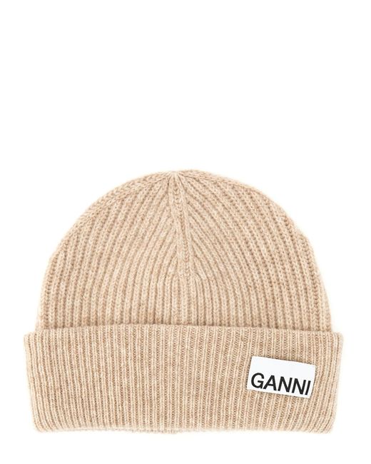 Ganni Natural Cappello Beanie A Coste