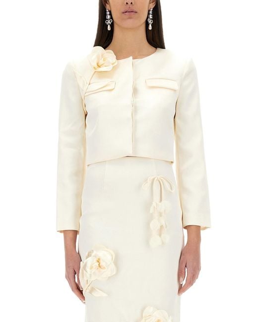 Self-Portrait White Satin Jacket With 3D Flower