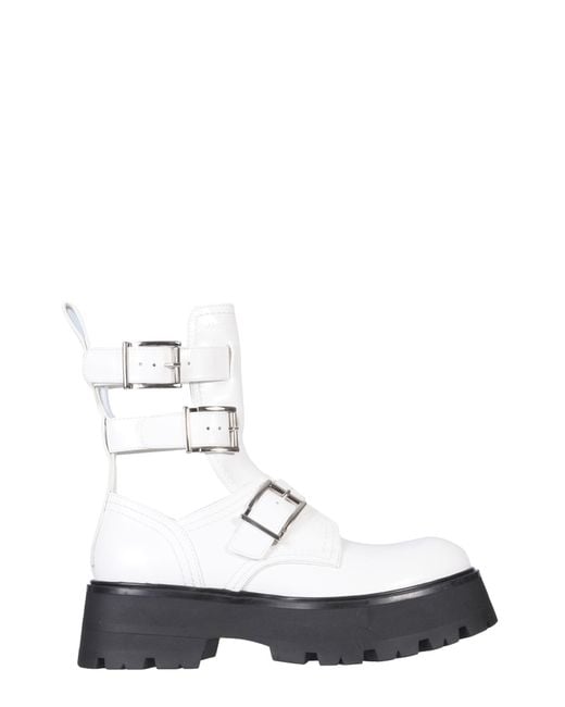McQueen White Buckle-Fastening Leather Ankle Boots