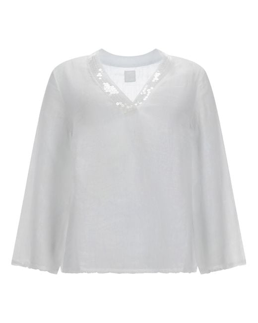 120% Lino White Camicia Con Scollo A V