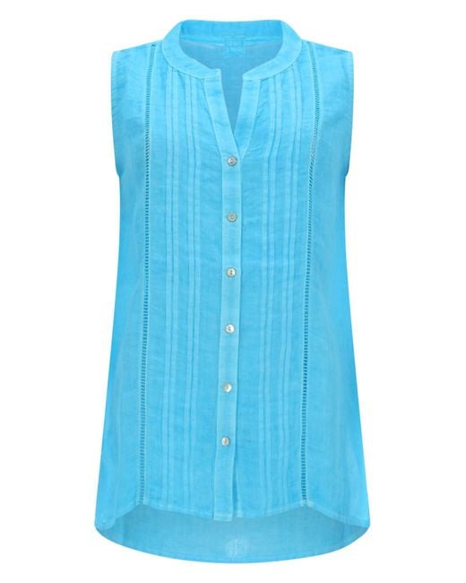 120% Lino Blue Top Smanicato A Camicia