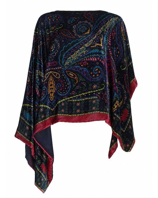 Etro Blue Poncho Asimmetrico Con Stampa Paisley