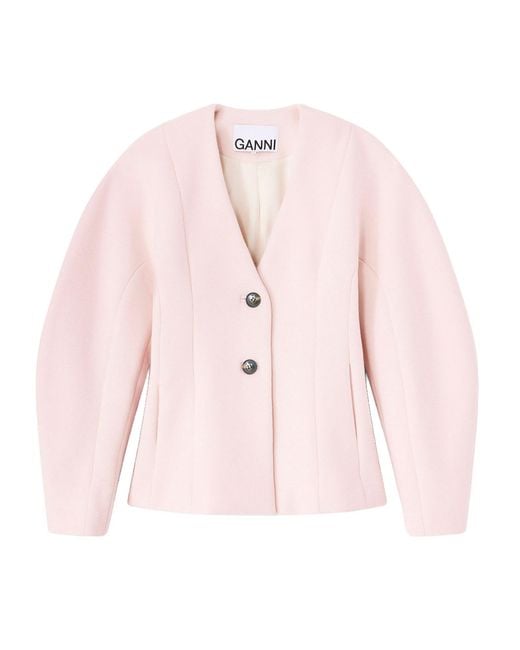 Ganni Pink V-Neck Blazer Wool Jacket
