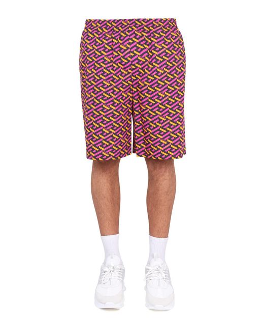 Versace Red Mini Silk Shorts With Greek Print for men