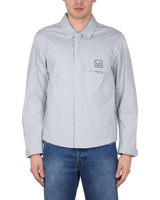 C P Company Blue Front Zip Shirt With Classic Collar And Logo Detail for men