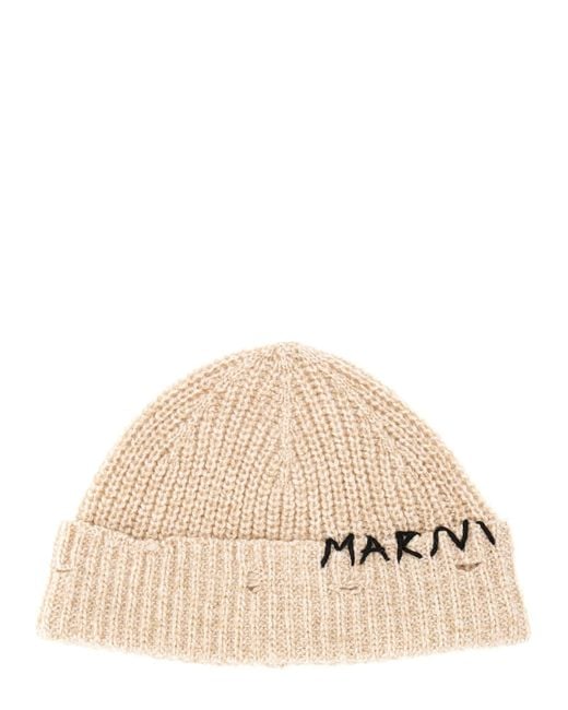Marni Natural Embroidered Knitted Beanie Hat