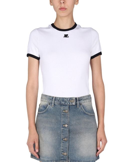 Courreges Cotton Logo Embroidery T-shirt in White | Lyst