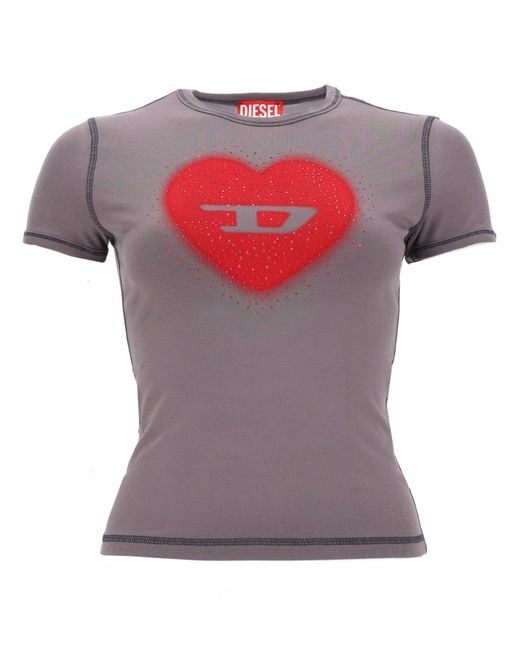 DIESEL Pink T-Shirt Con Stampa A Cuore E Borchie