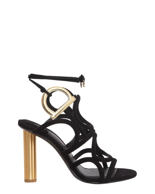 Ferragamo Vinci 105 Black Suede Golden Heel Sandals