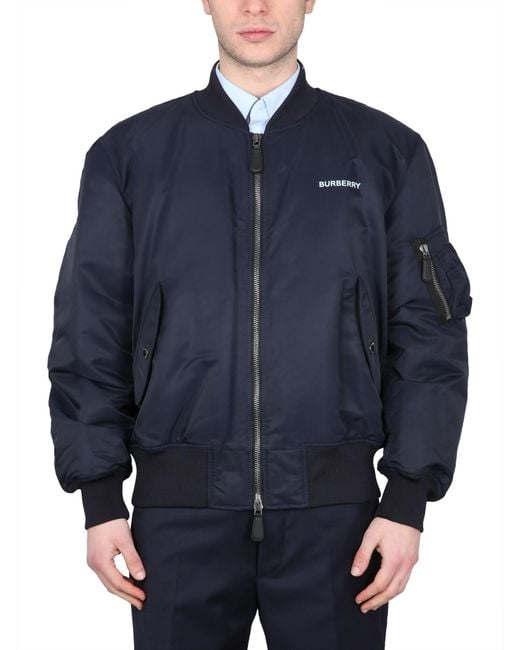 Burberry Blue Bomber Jacket With Logo Print for men