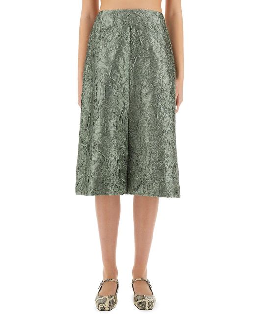 Dries Van Noten Green Ruched Satin Midi Skirt