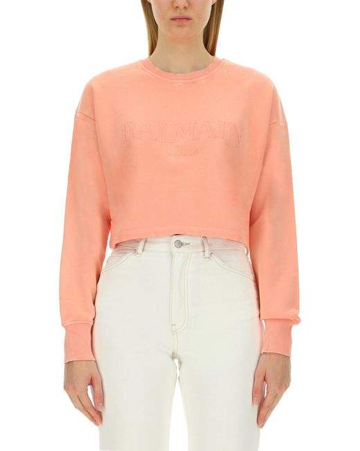 Balmain White Cropped Fit Sweatshirt With Embossed Logo