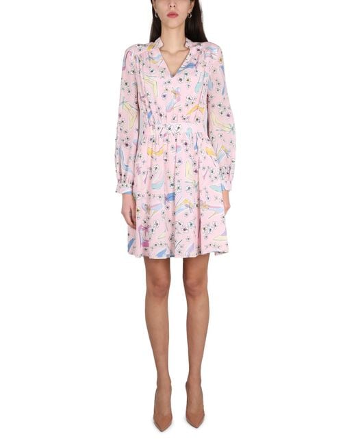 Boutique Moschino Pink Heels And Flowers Silk Dress
