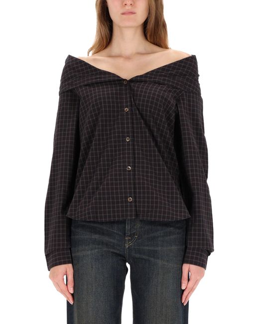 Our Legacy Black Off-The-Shoulder Shirt With Subtle Grid Pattern