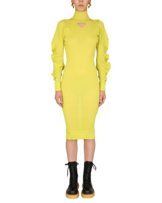 Bottega Veneta Yellow Silk Dress With Polo Neck And Ruched Sleeves