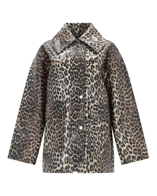 Ganni Gray Leopard Laminated Cotton Jacket