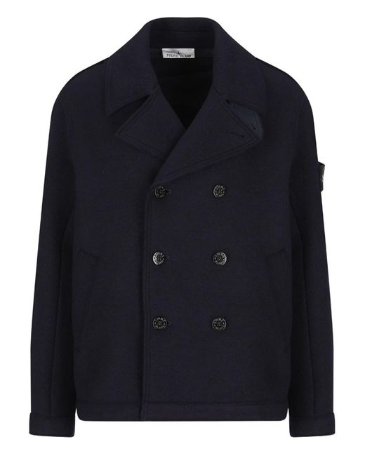 Stone Island Blue Double-Breasted Coat for men