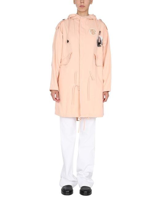 Raf Simons White Mini Parka Jacket With Logo Patch