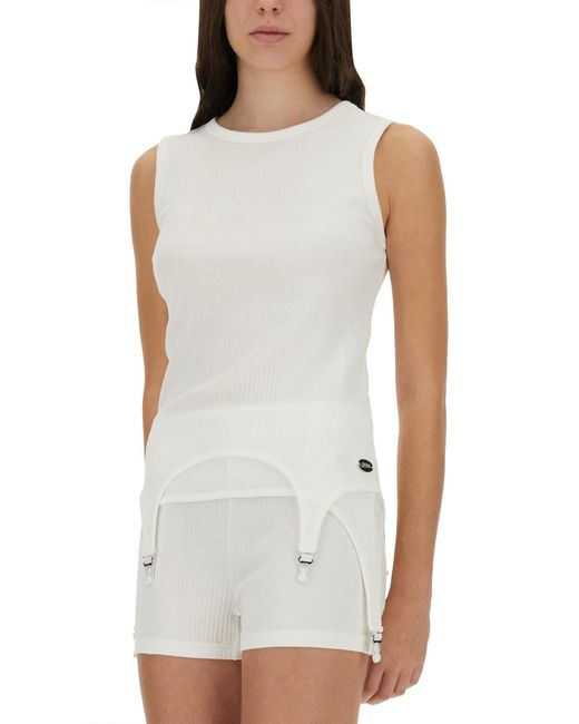 Jean Paul Gaultier White Sleeveless Ribbed Knit Top With Garter Hem Detail