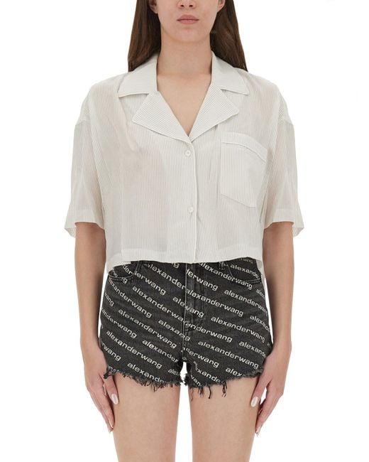 T By Alexander Wang White Cropped Striped Shirt With Embroidered Logo