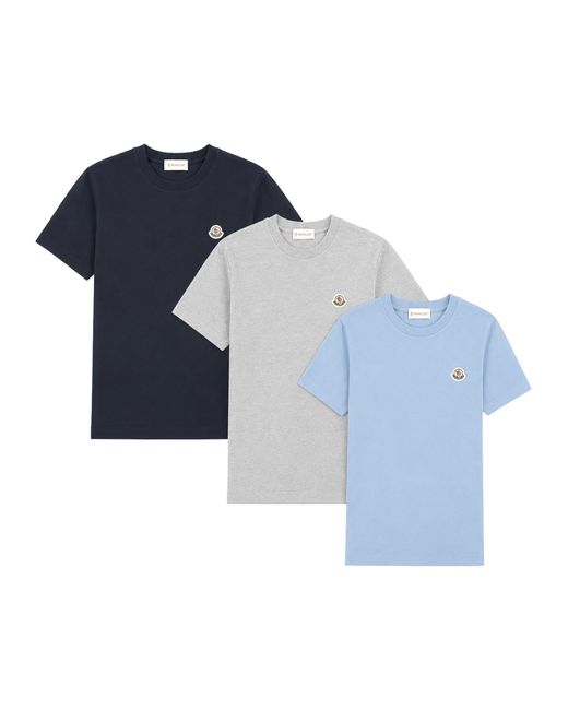 Moncler Blue 3-Pack T-Shirt Con Logo Applicato