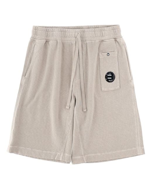C P Company Natural Neutrals Elastic Waistband Emblem Cotton Shorts for men
