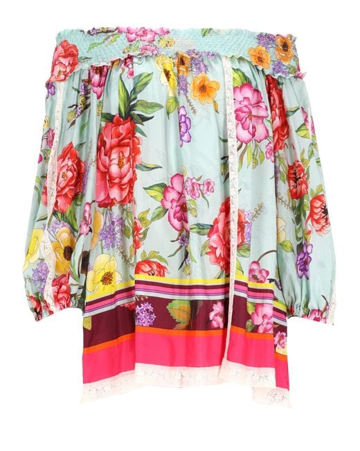 P.A.R.O.S.H. Red Off-The-Shoulder Floral Print Blouse With Voluminous Sleeves