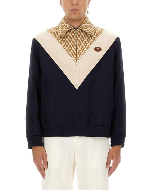 Valentino Blue Wool Bomber Jacket With Print Toute La V for men