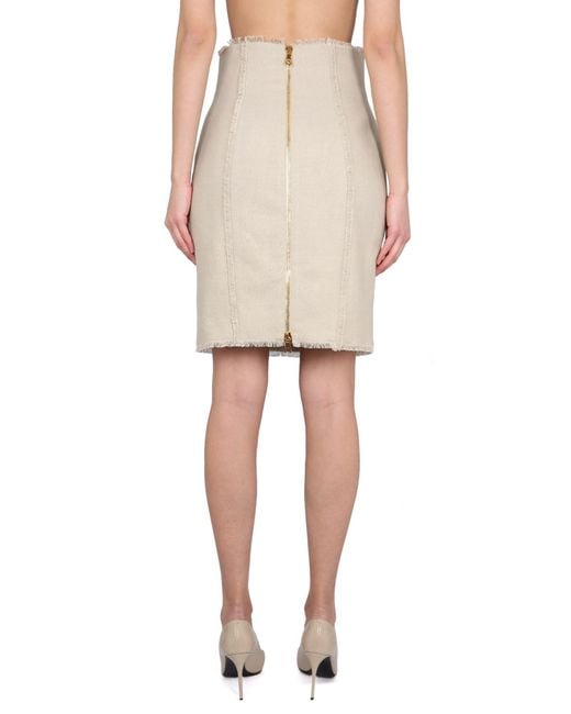 GONNA MIDI IN LINO CON BOTTONI GOFFRATI di Balmain in Natural