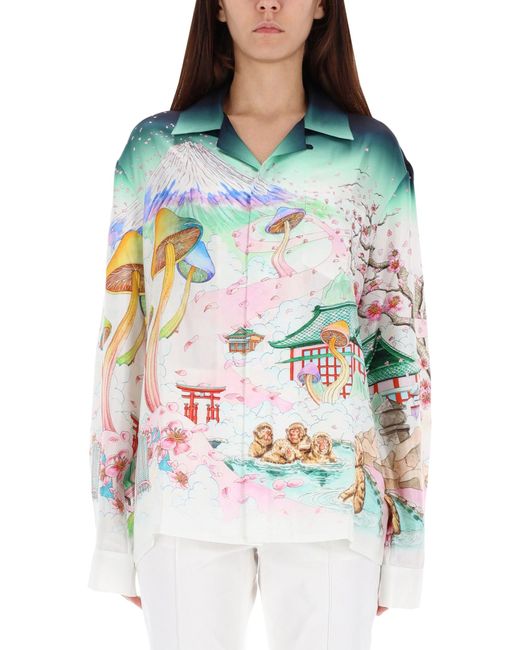 Casablanca Multicolor Japanese Landscape Print Silk Shirt With Classic Collar And Buttoned Cuffs