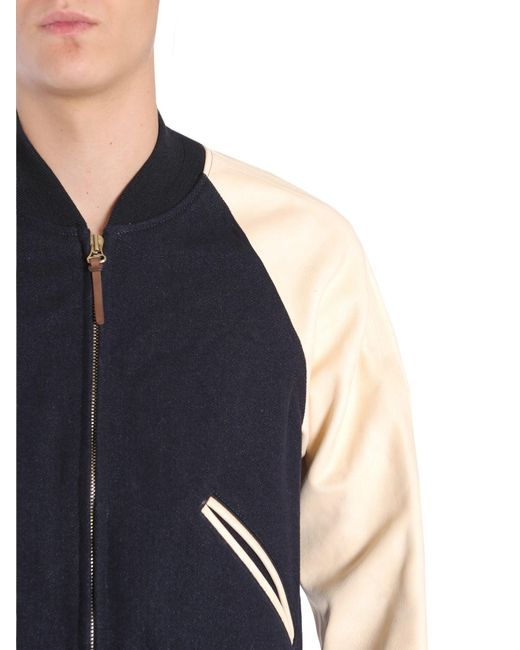 Visvim Tweed Varsity Jacket With Leather Sleeves In Blue For
