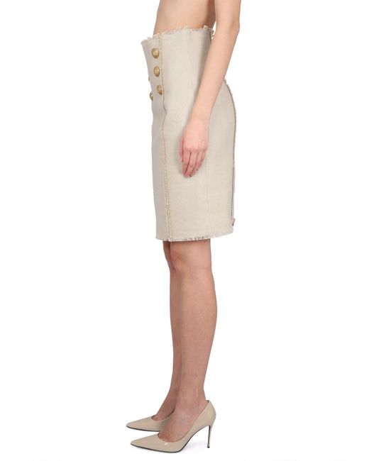 GONNA MIDI IN LINO CON BOTTONI GOFFRATI di Balmain in Natural
