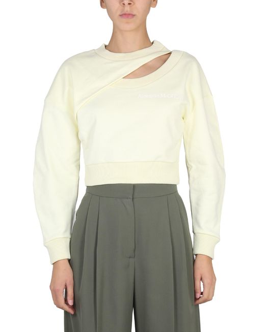 McQueen White Cropped Sweatshirt With Cut-Out Detail