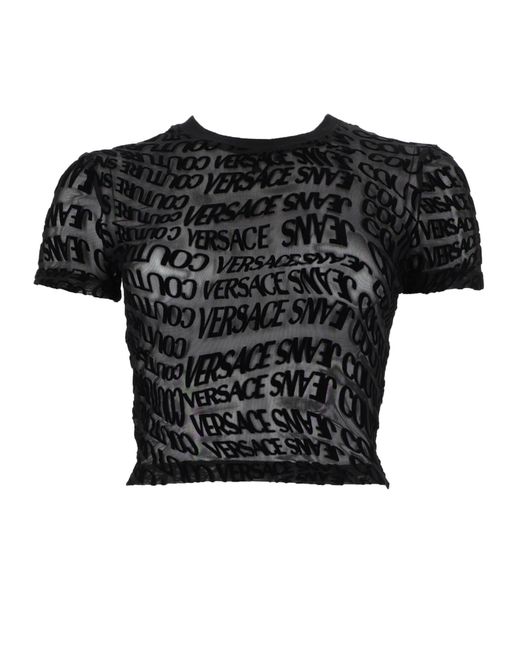 Versace Jeans Couture Black T-Shirt Cropped Con Stampa Logo