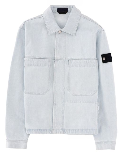 Stone Island White Coach Jacket In Ultra Bleached Denim Jackets Light Blue for men