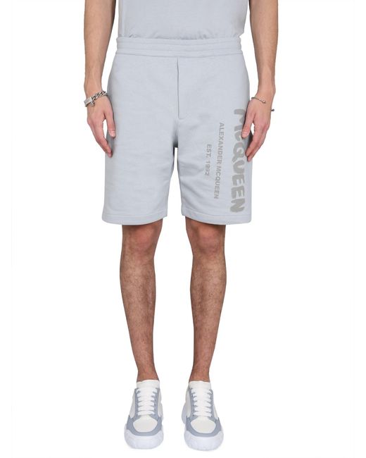 McQueen Gray Logo Print Bermuda Shorts for men